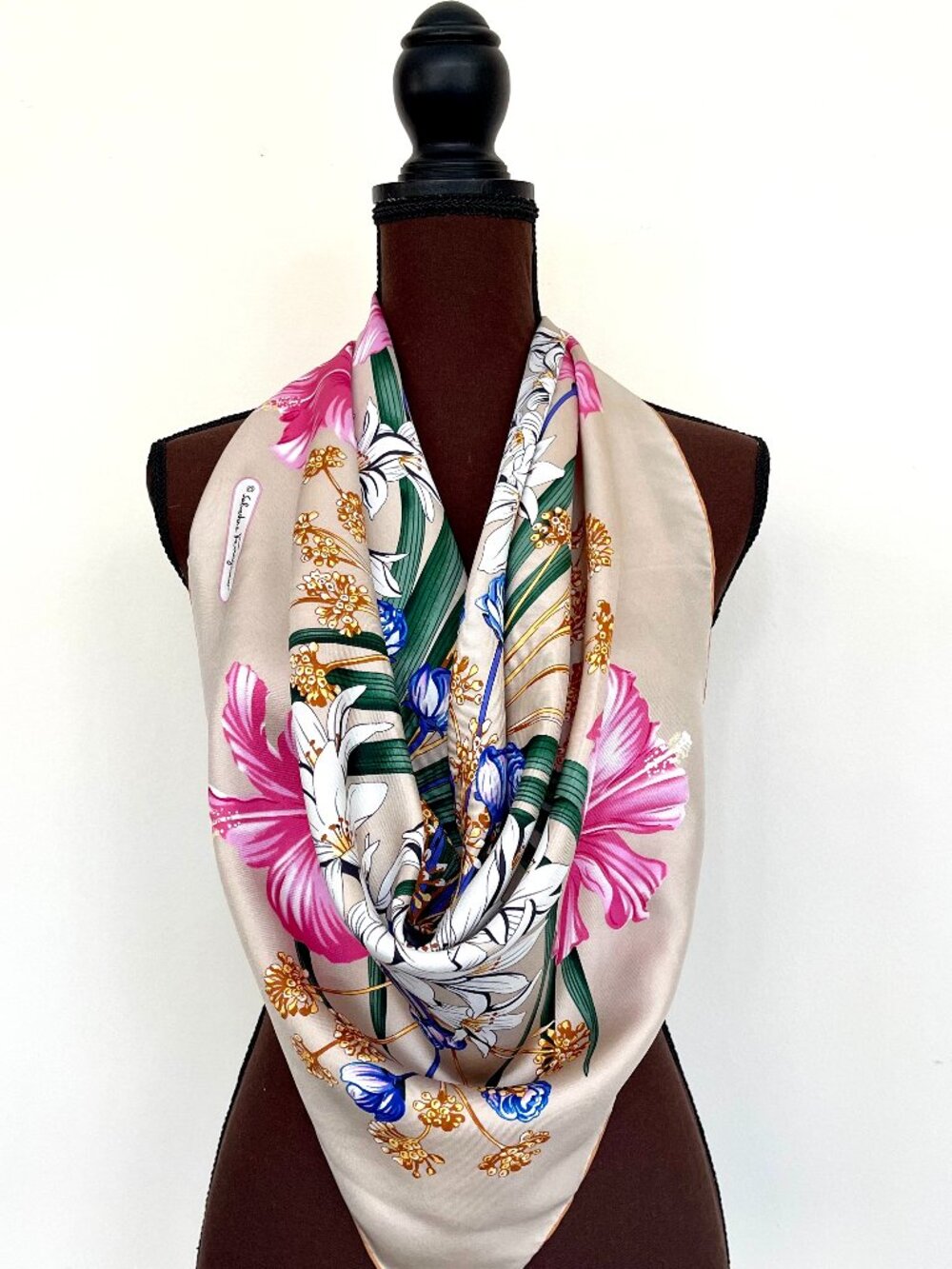 Display #4 Salvatore Ferragamo Pink Floral Silk Scarf with Gold Accents - Picture 8 of 12